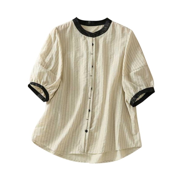 Ltctricy Blouses for Women Cotton Linen Crew Neck Puff Short Sleeve Striped Button down Shirts Casual Loose Summer Tops