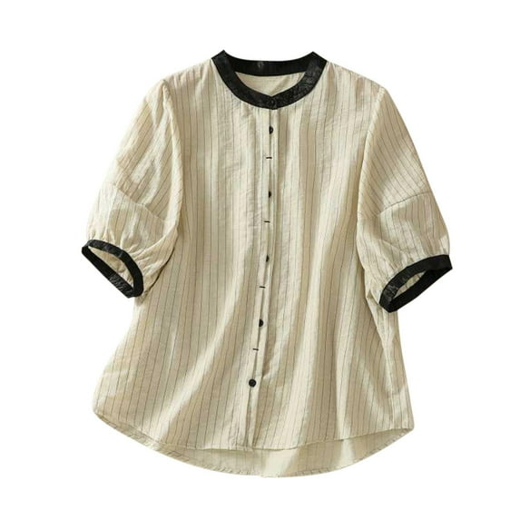 Ltctricy Blouses for Women Cotton Linen Crew Neck Puff Short Sleeve Striped Button down Shirts Casual Loose Summer Tops