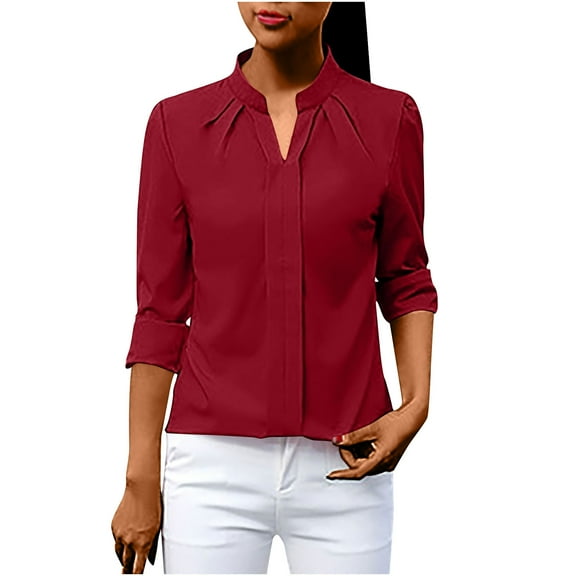 Ltctricy Blouses for Women Dressy Casual Long Sleeve V Neck Solid Color Business Work Tops Loose Office Shirts