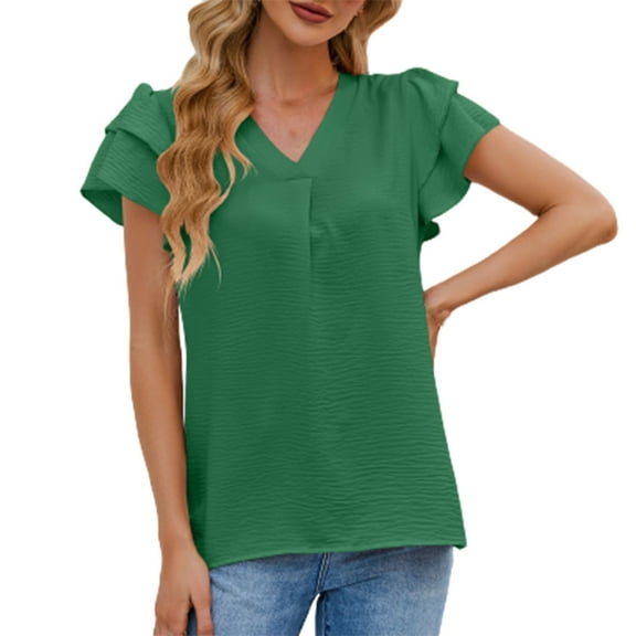 Ltctricy Blouses for Women Dressy Casual V Neck Ruffle Short Sleeve Solid Color T Shirts 2025 Trendy Summer Tops