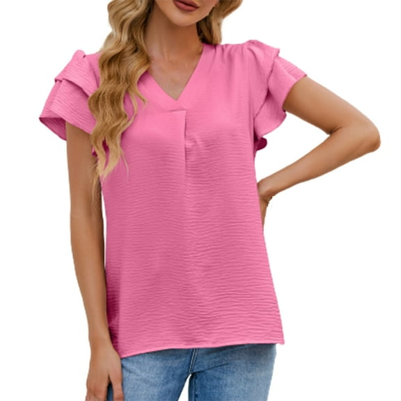 Ltctricy Blouses for Women Dressy Casual V Neck Ruffle Short Sleeve Solid Color T Shirts 2025 Trendy Summer Tops