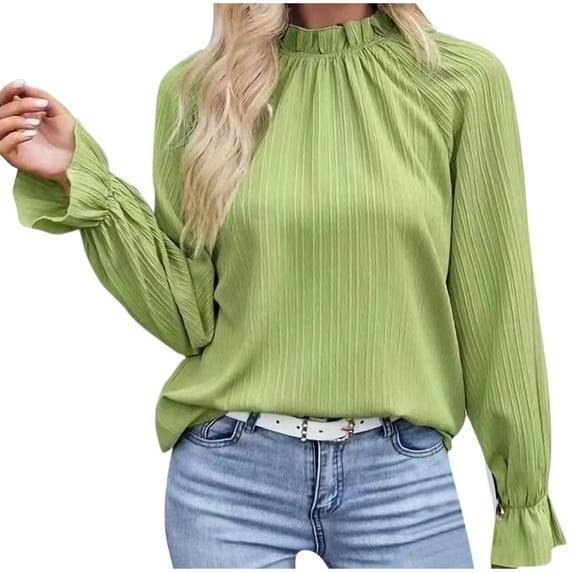 Ltctricy Blouses for Women Dressy Ruffle Long Sleeve Mock Neck Pleated Solid Color Tunic Tops Business Casual Work Shirts(Green,Small)