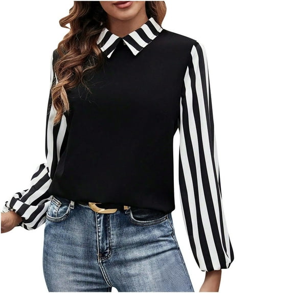 Ltctricy Blouses for Women Lantern Long Sleeve Collared Striped Patchwork T Shirts Business Casual Work Shirts Loose Tunic Tops(Black,X-Large)
