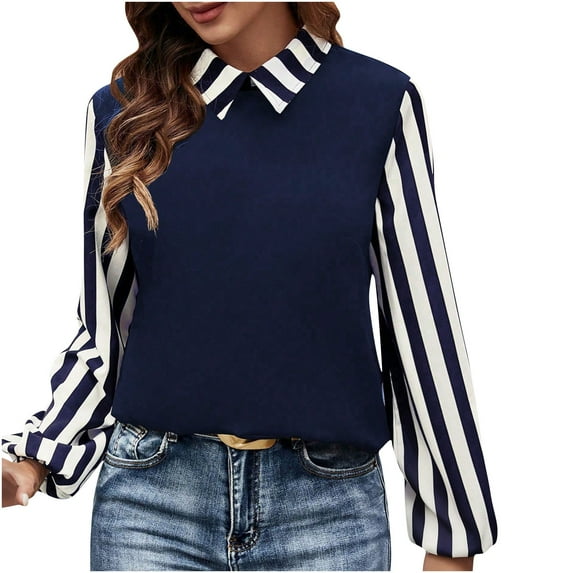 Ltctricy Blouses for Women Lantern Long Sleeve Collared Striped Patchwork T Shirts Business Casual Work Shirts Loose Tunic Tops(Navy,X-Small)