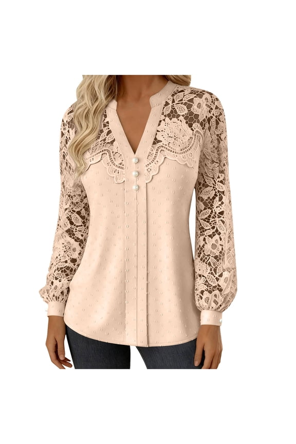 Blouses for Women Long Sleeve V Neck Lace Patchwork Eyelet Embroidered T Shirts Dressy Casual Tunic Tops