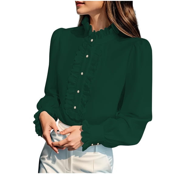 Ltctricy Blouses for Women Ruffle Mock Neck Half Button Long Sleeve Loose Tunic Tops Dressy Casual Work Shirts(Green,X-Large)