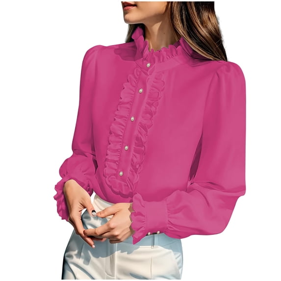 Ltctricy Blouses for Women Ruffle Mock Neck Half Button Long Sleeve Loose Tunic Tops Dressy Casual Work Shirts(Hot Pink,Small)