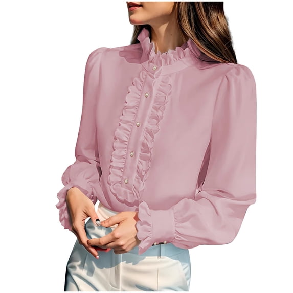 Ltctricy Blouses for Women Ruffle Mock Neck Half Button Long Sleeve Loose Tunic Tops Dressy Casual Work Shirts(Pink,XX-Large)
