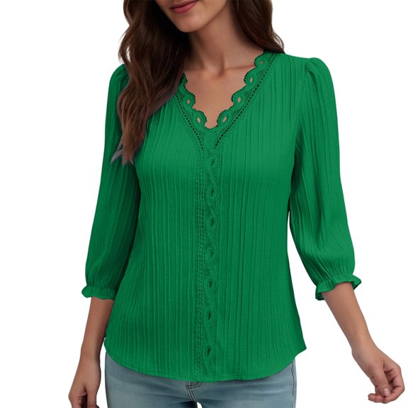 Ltctricy Blouses for Women V Neck 3/4 Length Puff Sleeve Textured Solid Color Loose T Shirts Dressy Casual Tunic Tops