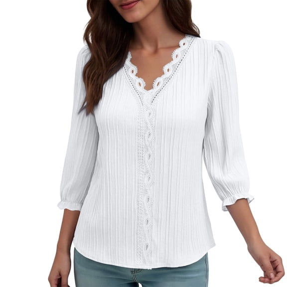 Ltctricy Blouses for Women V Neck 3/4 Length Puff Sleeve Textured Solid Color Loose T Shirts Dressy Casual Tunic Tops