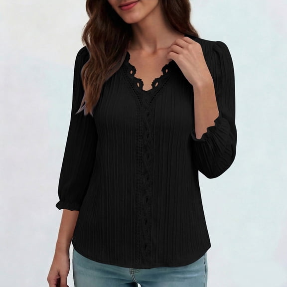 Ltctricy Blouses for Women V Neck 3/4 Length Puff Sleeve Textured Solid Color Loose T Shirts Dressy Casual Tunic Tops