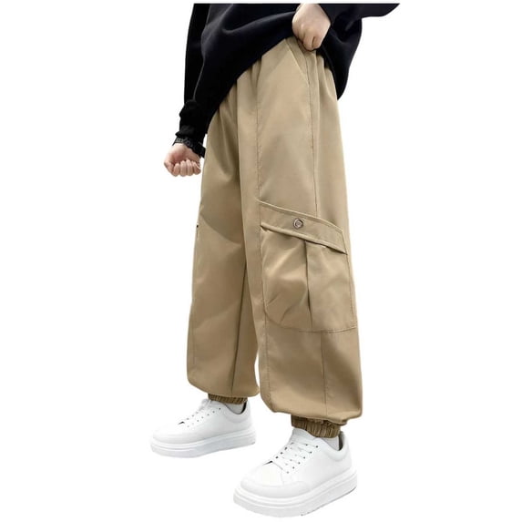 Ltctricy Boys' Baggy Cargo Pants Elastic Waist Pull on Pleated Tapered Leg Streetwear Pants Casual Active Joggers for Kids(Khaki,11-12 Years)