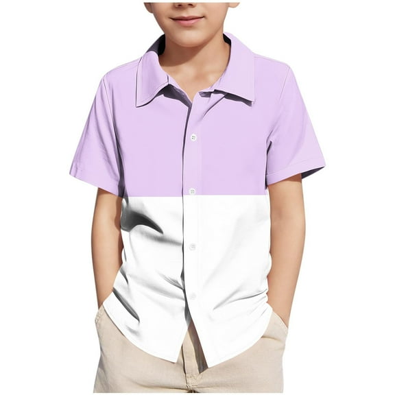 Ltctricy Boys' Button down Shirts 5-15 Y Children Summer Short Sleeve Color Block Dress Shirts Casual Loose Collared Blouses