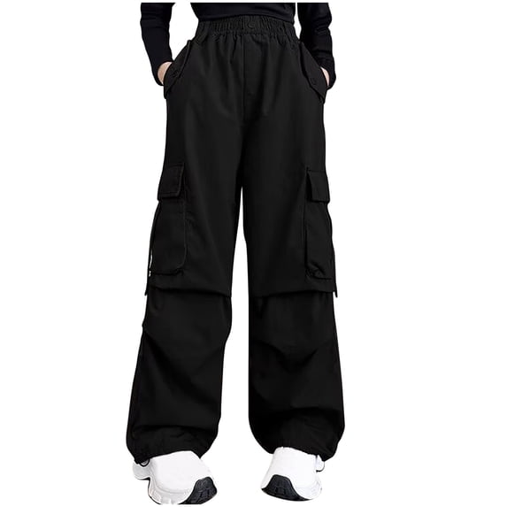 Ltctricy Boys Girls' Cargo Pants Children Elastic Waist Pleated Wide Leg Pants Baggy Casual Trousers with Pockets for Kids(Black,11-12 Years)