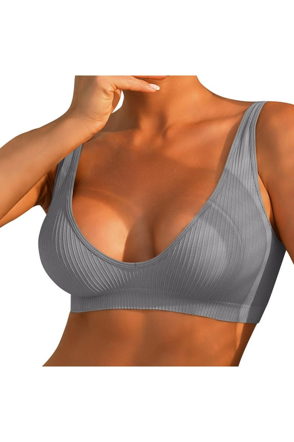 Bras for Women No Underwire Lightly Unlined Ribbed Deep V Neck Sports Bras Plunge Everyday Bralettes