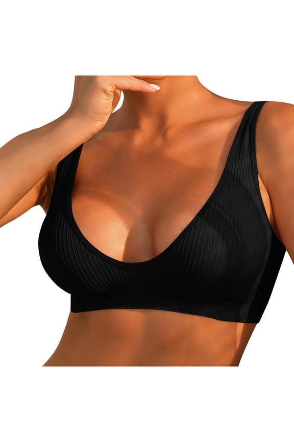 Bras for Women No Underwire Lightly Unlined Ribbed Deep V Neck Sports Bras Plunge Everyday Bralettes