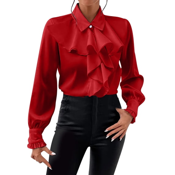 Ltctricy Button Down Shirt for Women Dressy Trendy Vintage Business Blouse Casual Puff Long Sleeve Ruffle Lapel Work Shirts