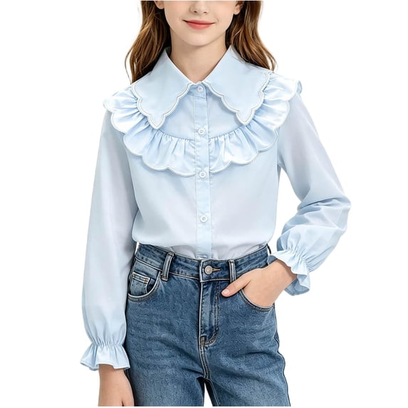 Ltctricy Button Down Shirts for Girls Trendy Ruffle Long Sleeve Tops Collared Dress Shirts Kids Casual Blouses(Blue,9-10 Years)