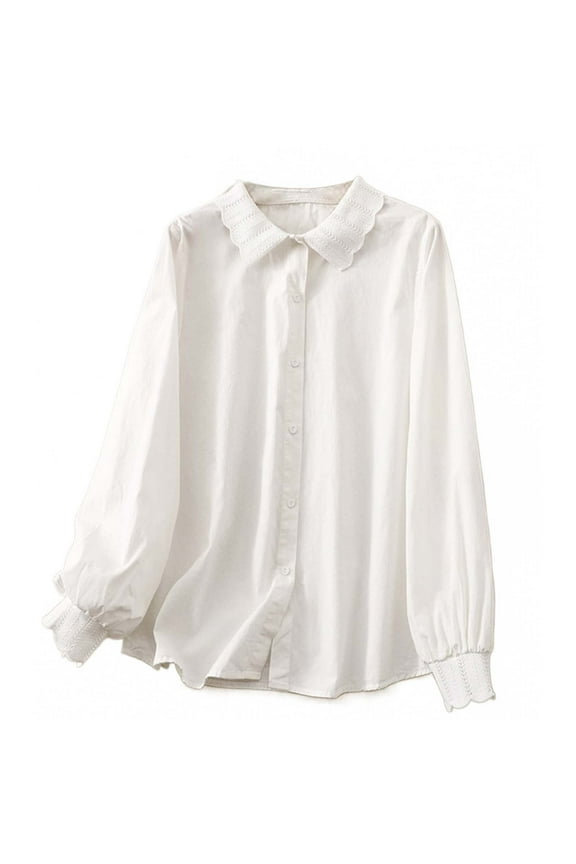 Button down Shirts for Women Elegant Cotton Long Sleeve Ruffle Trim Collared Tunic Tops Dressy Casual Blouses(White,X-Large)