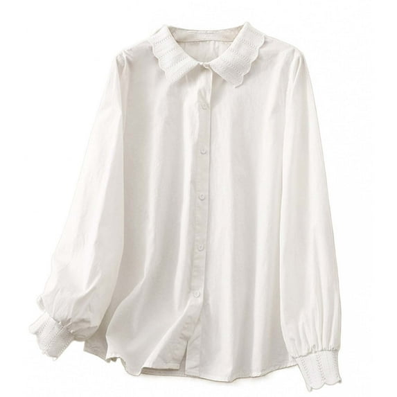Ltctricy Button down Shirts for Women Elegant Cotton Long Sleeve Ruffle Trim Collared Tunic Tops Dressy Casual Blouses(White,XX-Large)