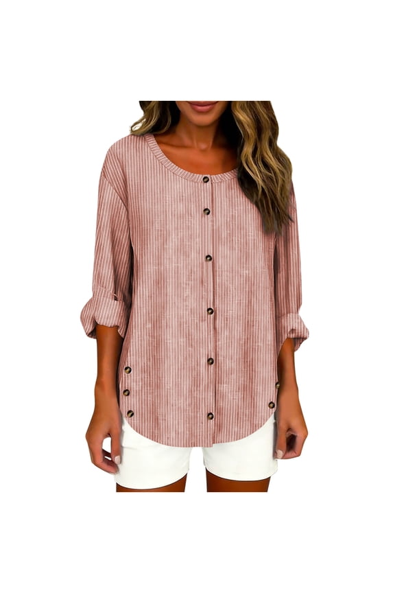 Button down Shirts for Women Long Sleeve Crew Neck Curved Hem Striped Cotton Linen Tops Casual Loose Tunic Blouses
