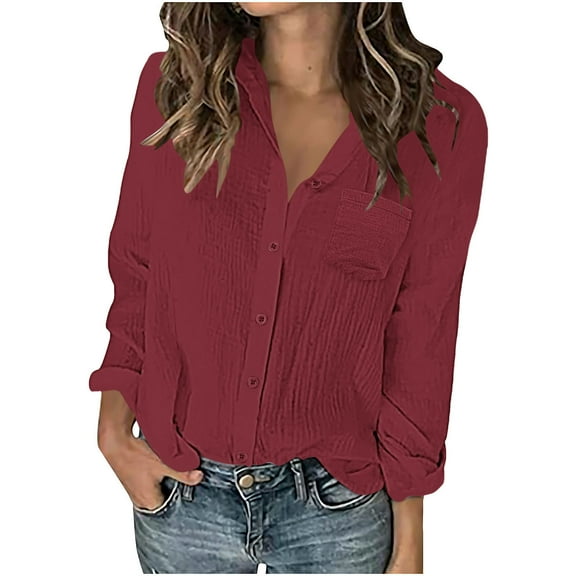 Ltctricy Button down Shirts for Women Long Sleeve V Neck Pleated Cotton Gauze Tops Casual Loose Collared Blouses