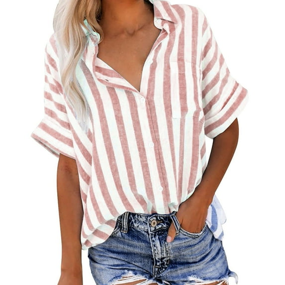 Ltctricy Button down Shirts for Women Plus Size Short Sleeve Striped Collared Blouses with Pocket Casual Loose Summer Tops
