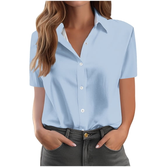 Ltctricy Button down Shirts for Women Short Sleeve Collared Dress Shirts Business Casual Tops Solid Color Work Blouses