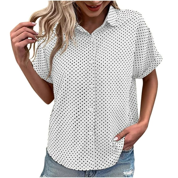 Ltctricy Button down Shirts for Women Short Sleeve Printed Business Casual Work Tunic Tops Loose Collared Blouses