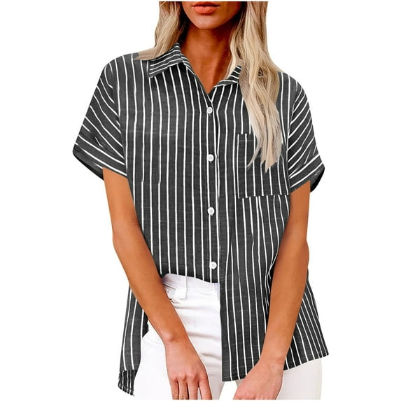 Ltctricy Button down Shirts for Women Striped Short Sleeve Cotton Linen Dress Shirts Casual Work Tops Collared Office Blouses