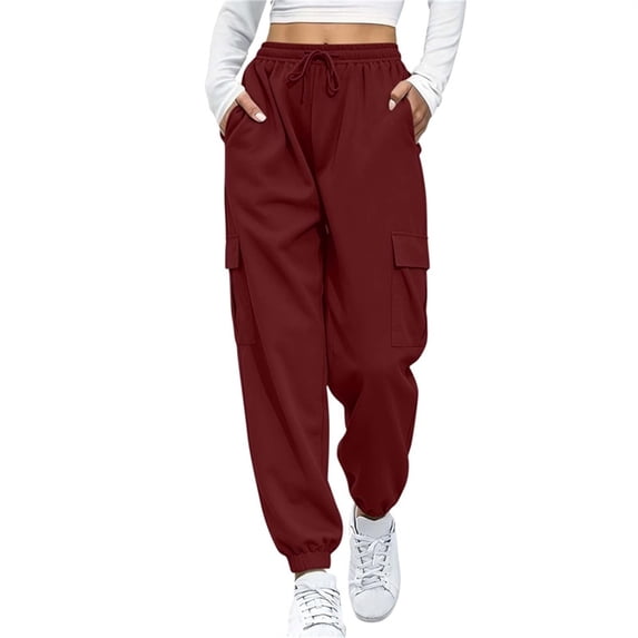 Ltctricy Cargo Pants for Women Drawstring Casual Jogger Pants Outdoor Elastic Waisted Hiking Pants with Pockets(Wine,Medium)