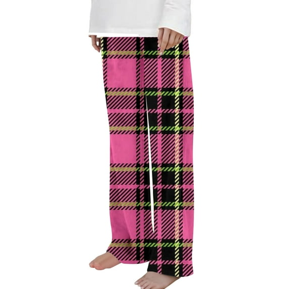 Ltctricy Children's Fuzzy Fleece Pants Boys Girls Elastic Waist Wide Leg Plaid Flannel Pants Plush Warm Bottoms(Hot Pink,13-14 Years)