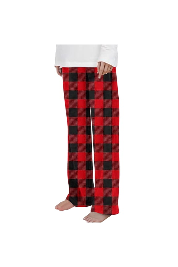 Children's Fuzzy Fleece Pants Boys Girls Elastic Waist Wide Leg Plaid Flannel Pants Plush Warm Bottoms(Red,7-8 Years)