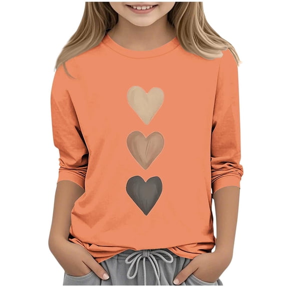 Ltctricy Children's Valentine Shirts 3/4 Sleeve Crew Neck Heart Printed Tee Tops Graphic T Shirts for Kids 3-12 Years(Orange,3-4 Years)