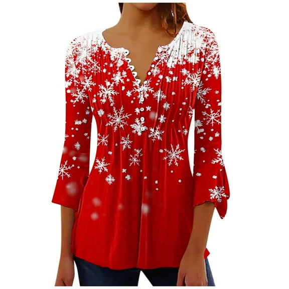 Ltctricy Christmas Shirts for Women Cute 3/4 Sleeve Pleated Tunic Tops Fall Fashion Loose V Neck Blouses