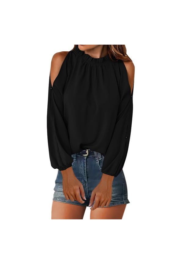 Cold Shoulder Tops for Women Trendy Spring Puff Long Sleeve Shirts Loose Casual Pleated Blouses