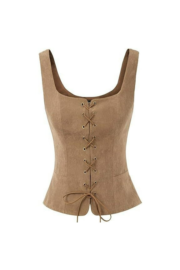 Corset Tops for Women Cotton Sleeveless Square Neck Tie Front Vintage Camisole Bustier Shapewear Tops Going out Crop Tops(Brown,Large)