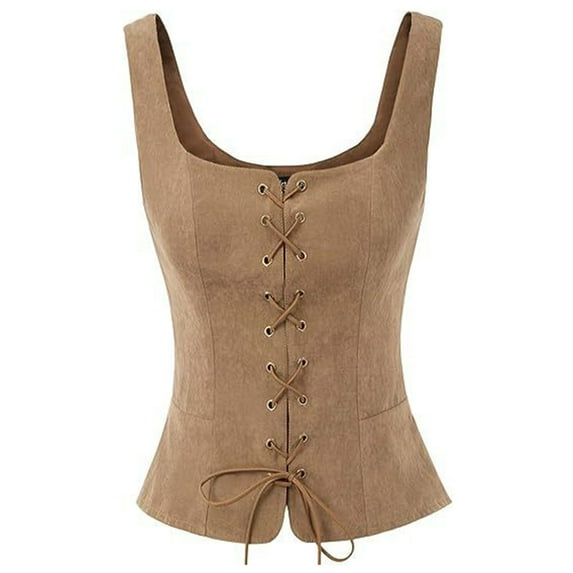 Ltctricy Corset Tops for Women Cotton Sleeveless Square Neck Tie Front Vintage Camisole Bustier Shapewear Tops Going out Crop Tops(Brown,Medium)