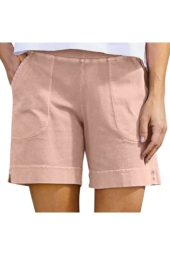 Cotton Linen Shorts for Women Elastic Waist Pull on Comfy Lounge Shorts Summer Casual Shorts with Pockets