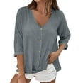thumbnail image 1 of Ltctricy Cotton Linen Tops for Women 3/4 Length Sleeve V Neck Crossover Button down T Shirts Casual Loose Blouses(Gray,X-Large), 1 of 6