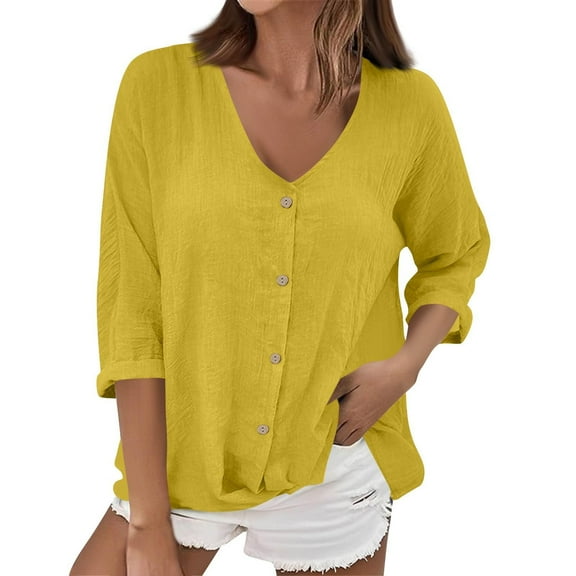 Ltctricy Cotton Linen Tops for Women 3/4 Length Sleeve V Neck Crossover Button down T Shirts Casual Loose Blouses(Yellow,Large)