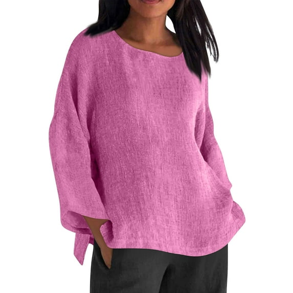 Ltctricy Cotton Linen Tops for Women Plus Size 3/4 Length Sleeve Crew Neck Solid Color Tunic T Shirts Casual Loose Blouses