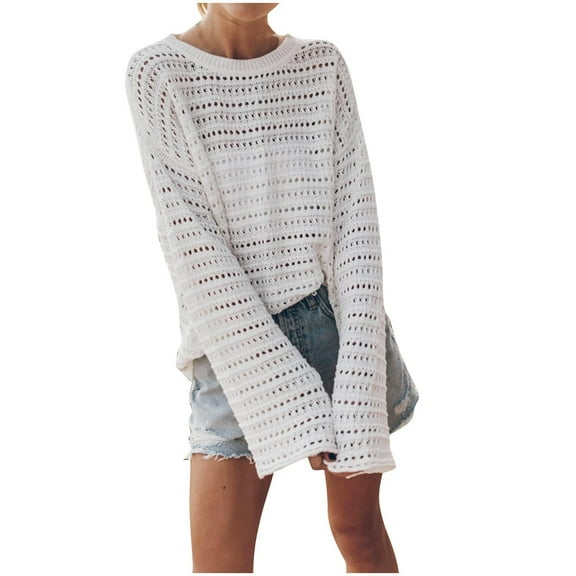 Ltctricy Crochet Tops for Women Casual Loose Bell Long Sleeve Crew Neck Hollow out Knit T Shirts Pullover Beach Cover Ups(White,Large)
