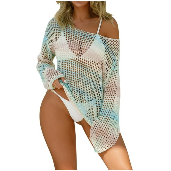 Ltctricy Crochet Tops for Women Summer Casual Boat Neck Long Sleeve Hollow out Color Block Cover Ups Loose Beach Shirts