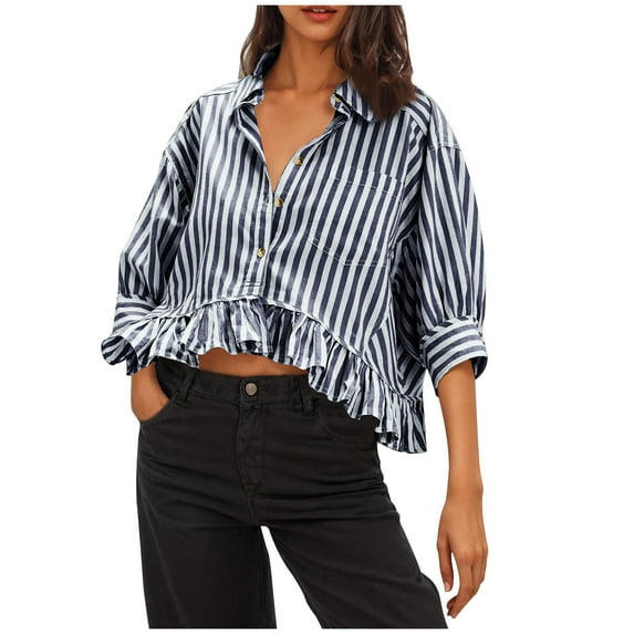 Ltctricy Crop Tops for Women Trendy Collared 3/4 Lantern Sleeve Ruffle Hem Striped Button down Shirts Casual Loose Blouses