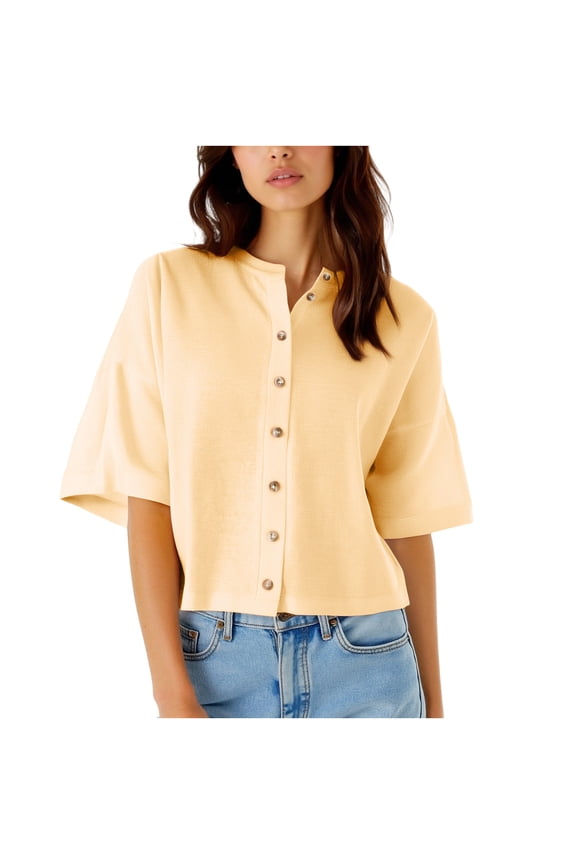 Crop Tops for Women 3/4 Length Sleeve V Neck Solid Color Cropped Button down Shirts Casual Loose Blouses(Yellow,Small)