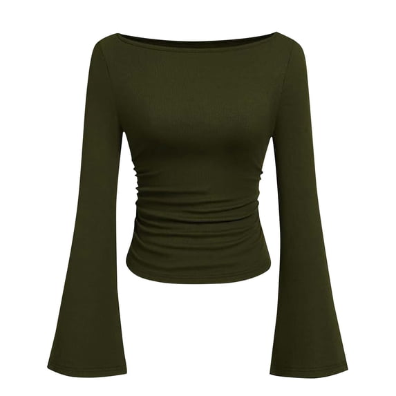 Ltctricy Crop Tops for Women Fashion Bell Long Sleeve Boat Neck Ruched Ribbed Slim T Shirts Soft Casual Tee Blouses(Army Green,Medium)