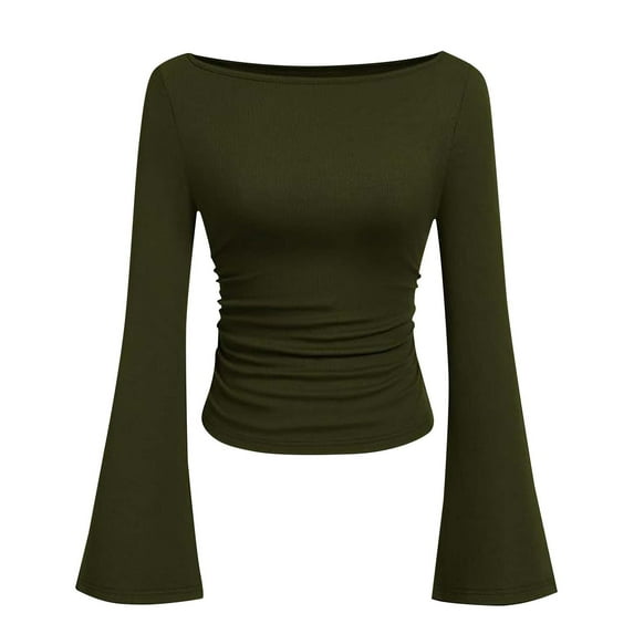 Ltctricy Crop Tops for Women Fashion Bell Long Sleeve Boat Neck Ruched Ribbed Slim T Shirts Soft Casual Tee Blouses(Army Green,Small)