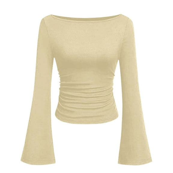 Ltctricy Crop Tops for Women Fashion Bell Long Sleeve Boat Neck Ruched Ribbed Slim T Shirts Soft Casual Tee Blouses(Beige,Small)