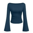 thumbnail image 1 of Ltctricy Crop Tops for Women Fashion Bell Long Sleeve Boat Neck Ruched Ribbed Slim T Shirts Soft Casual Tee Blouses(Navy,XX-Large), 1 of 2
